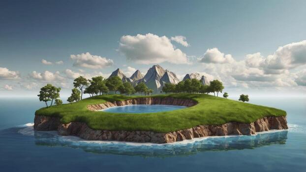 Serene Island Landscape with Lake, Mountains and Lush Greenery in Ocean photo