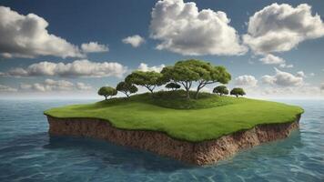Green Island Floating in the Ocean Under a Cloudy Blue Sky photo