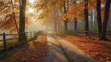 Walking Along a Foggy Autumn Path Lined with Colorful Trees photo