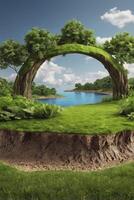 Arched Tree Bridge on Grassy Knoll with Lake View Landscape photo