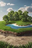 Green Island with Trees and River Under Cloudy Sky Background photo
