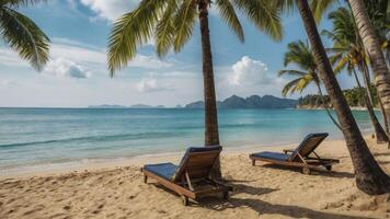 Relaxing Beach with Lounge Chairs and Palm Trees on Sandy Shore photo