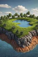 Island with Lake Illustration Showing Geological Cross Section and Land photo