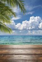 Relaxing Ocean View with Palm Fronds and Wooden Deck Background photo