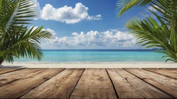 Tropical Beach Scene with Palm Trees and Wooden Deck Background photo