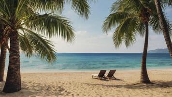 Relaxing Beach with Palm Trees and Two Chairs Facing the Sea photo