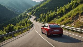 Driving Red Car on Scenic Mountain Road with Green Forest Views photo