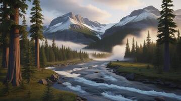 A painting of a river in the mountains photo