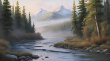 River Flowing Through Forest with Fog and Mountains in the Background photo