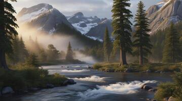 River Flowing Through Mountain Landscape with Evergreen Trees and Morning Fog photo