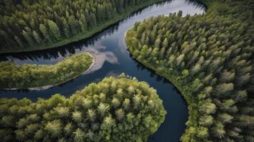 River Winding Through Lush Green Forest Viewed From Above on Overcast Day photo