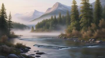 River Flowing Through Mountain Landscape with Fog and Evergreen Trees photo