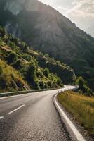 Driving on Scenic Mountain Road Through Lush Landscape Adventure photo