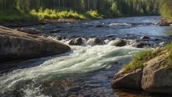 River Flowing Over Rocks Through Forest Landscape in Summer Scenery photo