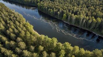 Aerial View of Forest River with Tree Branches Floating Downstream photo
