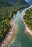 Aerial View of Tropical River Winding Through Lush Green Forest photo