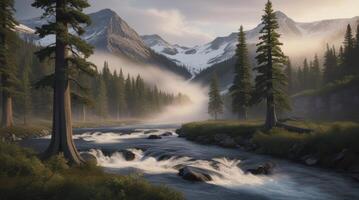 Flowing River Through Mountain Forest with Fog and Snow Capped Peaks photo