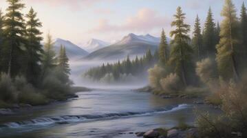 Flowing River Through Forest Landscape with Misty Mountains in Distance photo