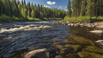 A river flowing through a forest with rocks and trees photo
