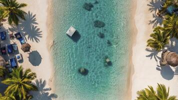 An aerial view of a tropical beach with palm trees photo