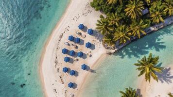 Aerial View of Tropical Island Beach with Blue Umbrellas and Palm Trees photo