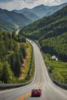 Driving on Mountain Road Scenic Route with Car and Forest View photo