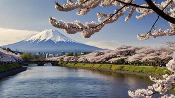 Mount Fuji with Cherry Blossom Trees Along the River in Spring photo