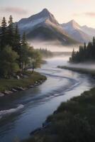 Flowing River Through Mountain Landscape with Forest and Morning Mist photo