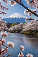 Mount Fuji and Cherry Blossoms Along River in Springtime Japan photo