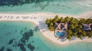 Aerial View of Tropical Island Resort with Sandy Beach and Turquoise Water photo