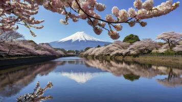 Mount Fuji View with Cherry Blossoms Reflecting in River Water photo