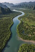 Aerial View of Winding River Flowing Through Lush Green Valley photo
