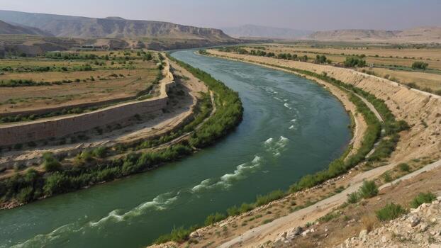 Scenic River Flowing Through Arid Landscape with Low Mountain Background photo