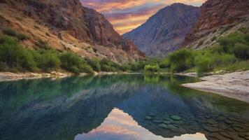 Calm River Reflecting Mountain Landscape at Sunset with Clear Water photo