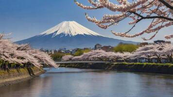 Mount Fuji with Cherry Blossoms Along River on a Sunny Day photo