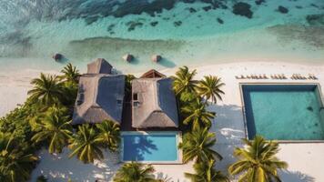 Aerial View of Tropical Beach Villa with Swimming Pools and Palm Trees photo