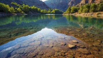 Tranquil Lake with Clear Water Reflecting Lush Green Trees and Mountains photo