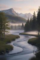 Winding River Through Forest and Mountains with Fog and Gentle Light photo
