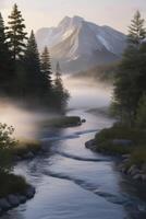 Foggy River Flowing Through Mountain Landscape with Evergreen Trees photo
