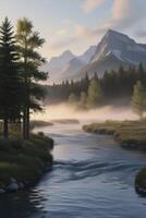 River Flowing Through Mountain Landscape with Morning Fog and Forest photo
