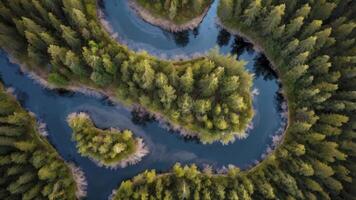 Aerial View of Curving River Flowing Through Forest Landscape Scenery photo