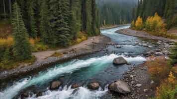 River Flowing Through Forest Landscape with Autumn Colors and Rapids photo