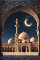 Majestic Mosque with Crescent Moon Seen Through Ornate Archway at Night photo