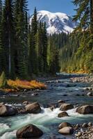 Flowing River and Mountain Landscape View with Evergreen Trees photo