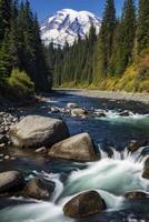 Flowing River Landscape with Snowy Mountain Peak and Evergreen Trees photo