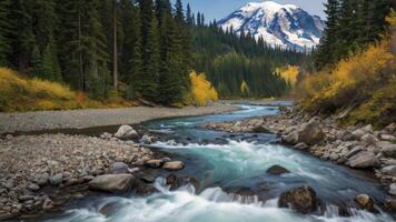 Scenic Mountain River Flowing Through Forest with Snowy Mountain Backdrop photo