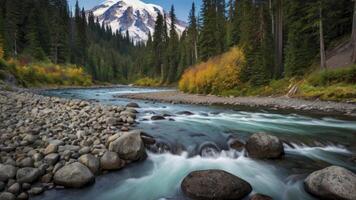 Flowing River Landscape with Mount Rainier and Evergreen Forest photo