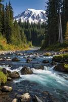 Flowing River and Mountain Landscape with Forest in the Background photo
