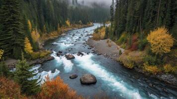 Scenic River Flowing Through Autumn Forest with Colorful Trees and Fog photo