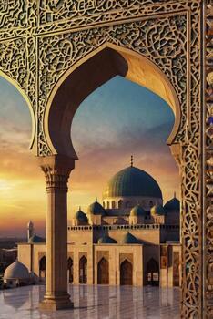 Mosque Architecture Seen Through Ornate Archway at Sunset in Middle East photo